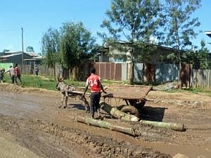 Auf dem Weg nach Konso: Straßenbilder, aus dem fahrenden Auto fotografiert - Steckengebliebener Eselskarren P1080029