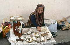Frau verkauft Honig, Waben und Bienen-Maden auf dem Markt in Amuntai