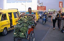 Banjarmasin: Bemos und Fahrradrikscha, voll beladen mit Bananen