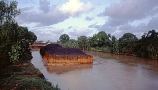 Ponton zum Abtransport der Kohle in einem Fluss bei Batulicin