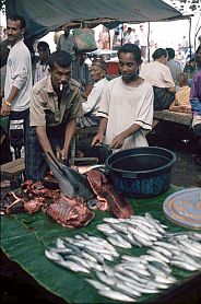 Fischhändler mit Delphinkopf auf dem Fischmarkt in Ende