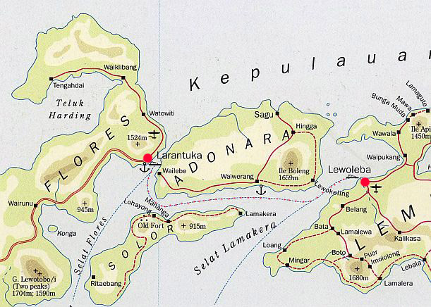 Karte mit der Route der Fähre zwischen Lembata und Flores
