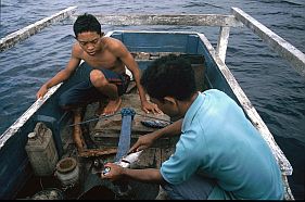 auf dem Fischerboot: der Fisch wird zerlegt