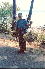 eine Frau transportiert Wasser in Behltern aus Lontarpalm-Blttern