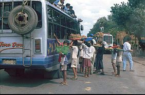 Kinder verkaufen Erdnsse an die Fahrgste an der Busstation in Taloko