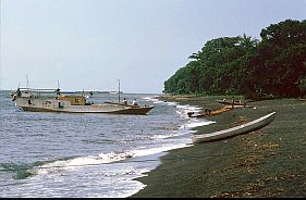 Strand mit Holztransportschiff in Labuhan Kenanga